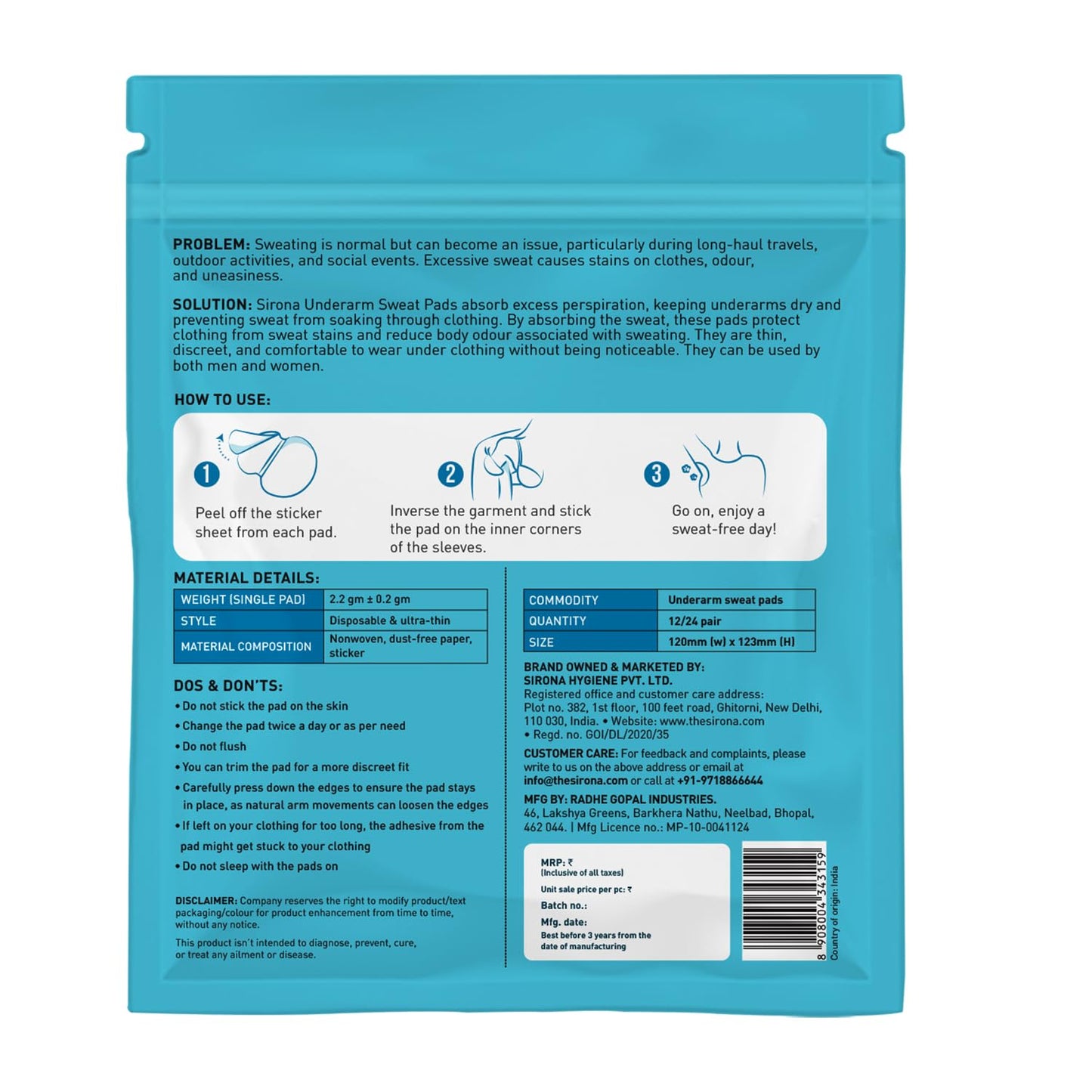 Sirona Disposable Underarm Sweat Pads for Men and Women, 24 Pads | Peel-off | Prevents Stains & Unpleasant Odour | Quick sweat absoption