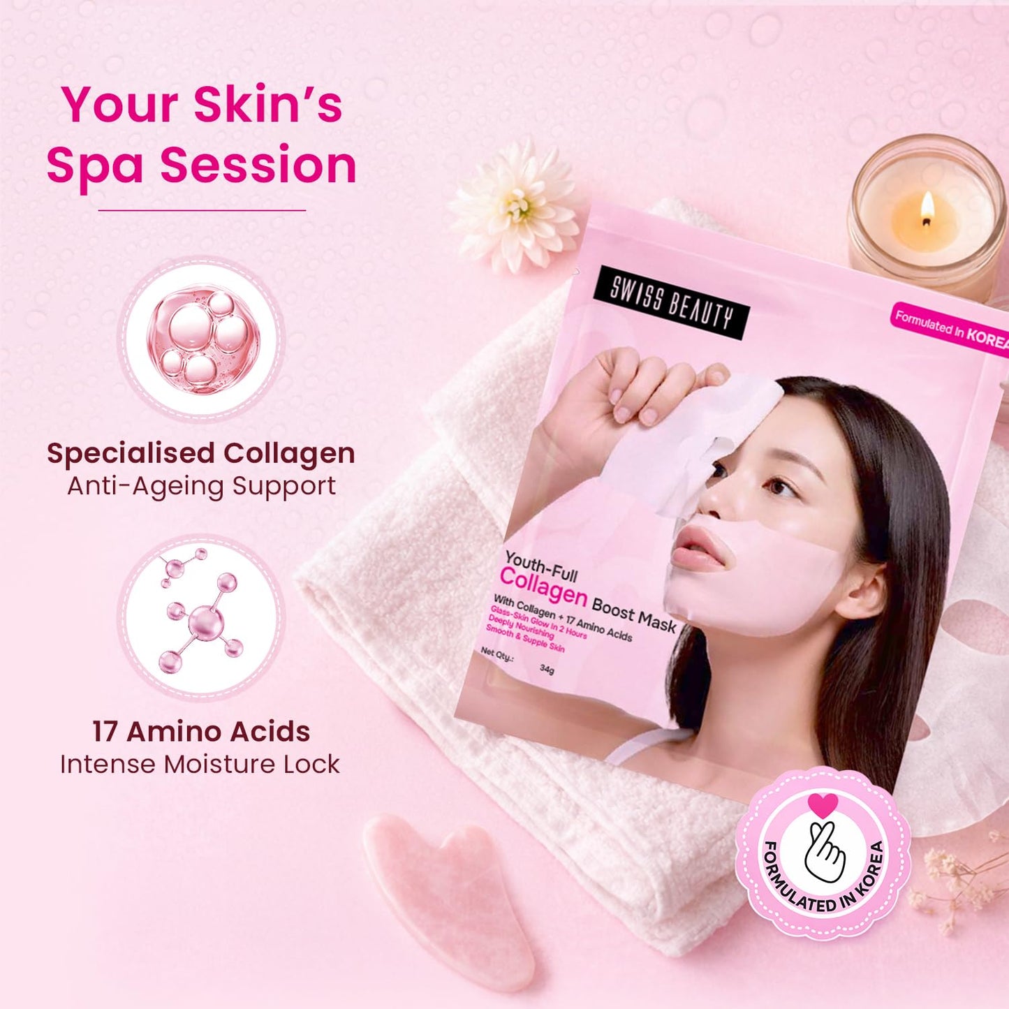Swiss Beauty Care Youth-Full Collagen Boost Mask | Glass-Skin In 2 Hours | With Collagen & 17 Amino Acids | Plumps & Hydrates | 34g