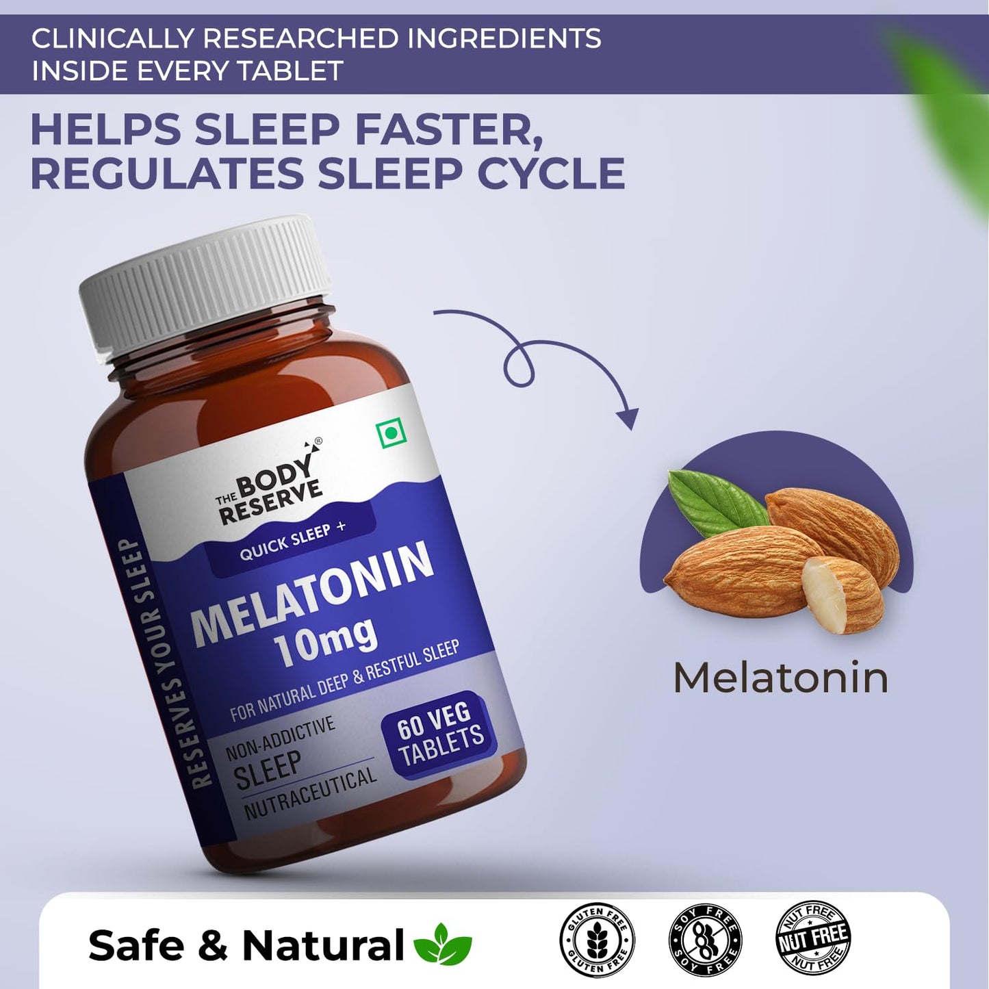 The Body Reserve Melatonin 10mg - 60 Veg Tablets for Sleep Support, Nerve Relaxation, and Stress Relief - Non-Habit Forming for Men & Women