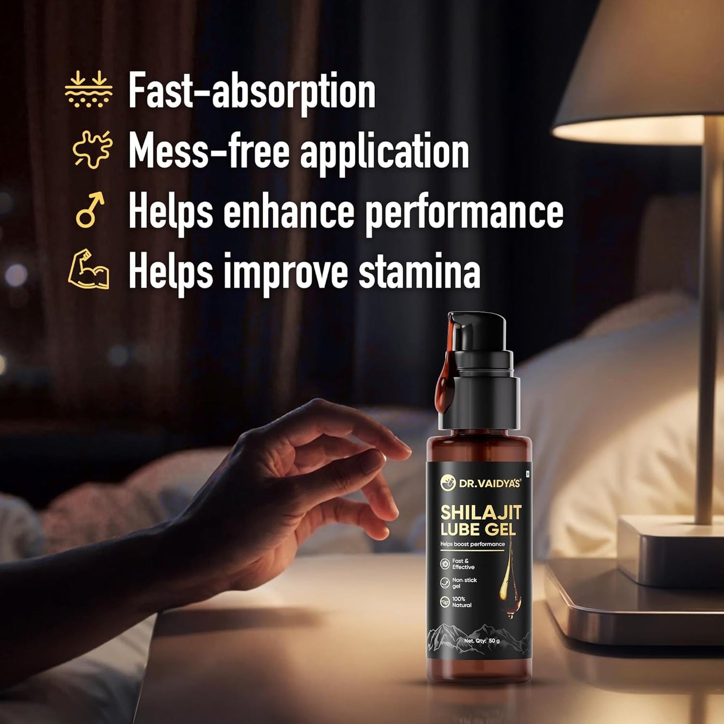 Dr. Vaidyaâ€™s Shilajit Lube Gel | First Ever Shilajit Infused Lube Gel | Enhances Performance & Stamina | Mess free | 100% Pure Himalayan Shilajit, Jaiphal & Cinnamon Oil, Ashwagandha | 50g