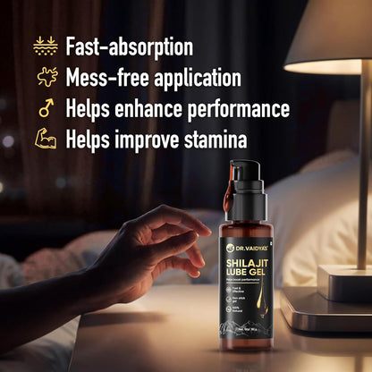Dr. Vaidyaâ€™s Shilajit Lube Gel | First Ever Shilajit Infused Lube Gel | Enhances Performance & Stamina | Mess free | 100% Pure Himalayan Shilajit, Jaiphal & Cinnamon Oil, Ashwagandha | 50g