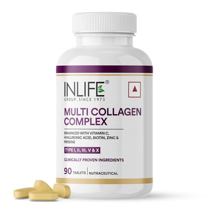 INLIFE Multi Collagen Complex Tablets | 5 Types Peptides I, II, III, V & X with Biotin, Hyaluronic Acid | Collagen Powder Supplements for Women & Men - 90 Tablets (Pack of 1)