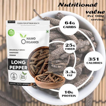 Namo Organics - 75g - Organic Whole Long Pepper - Pipli | Pipal | Pippali - Jumbo Size Harvest