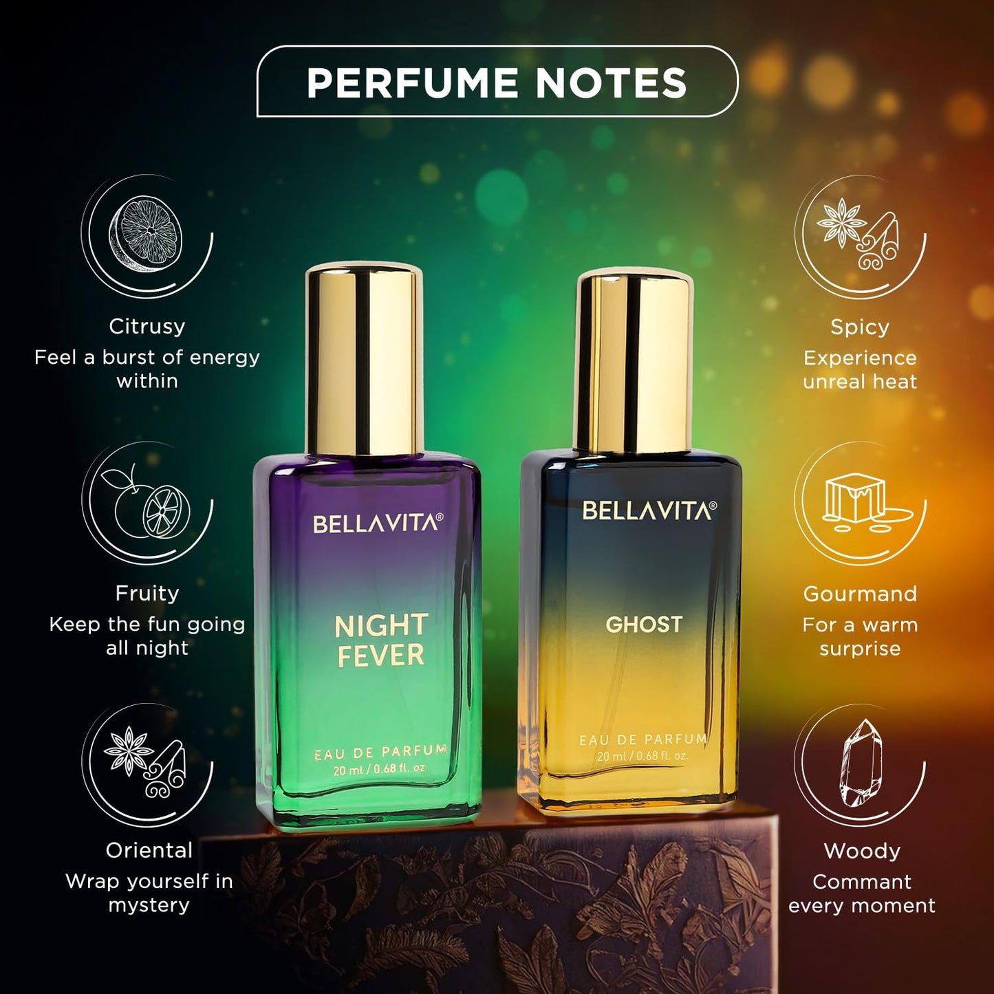 BELLAVITA Ghost & Night Fever | Long Lasting 2x20ml EDP Perfume for Man and Woman | with Bergamot, Cedarwood | Premium Unisex Fragrance for Men and Women