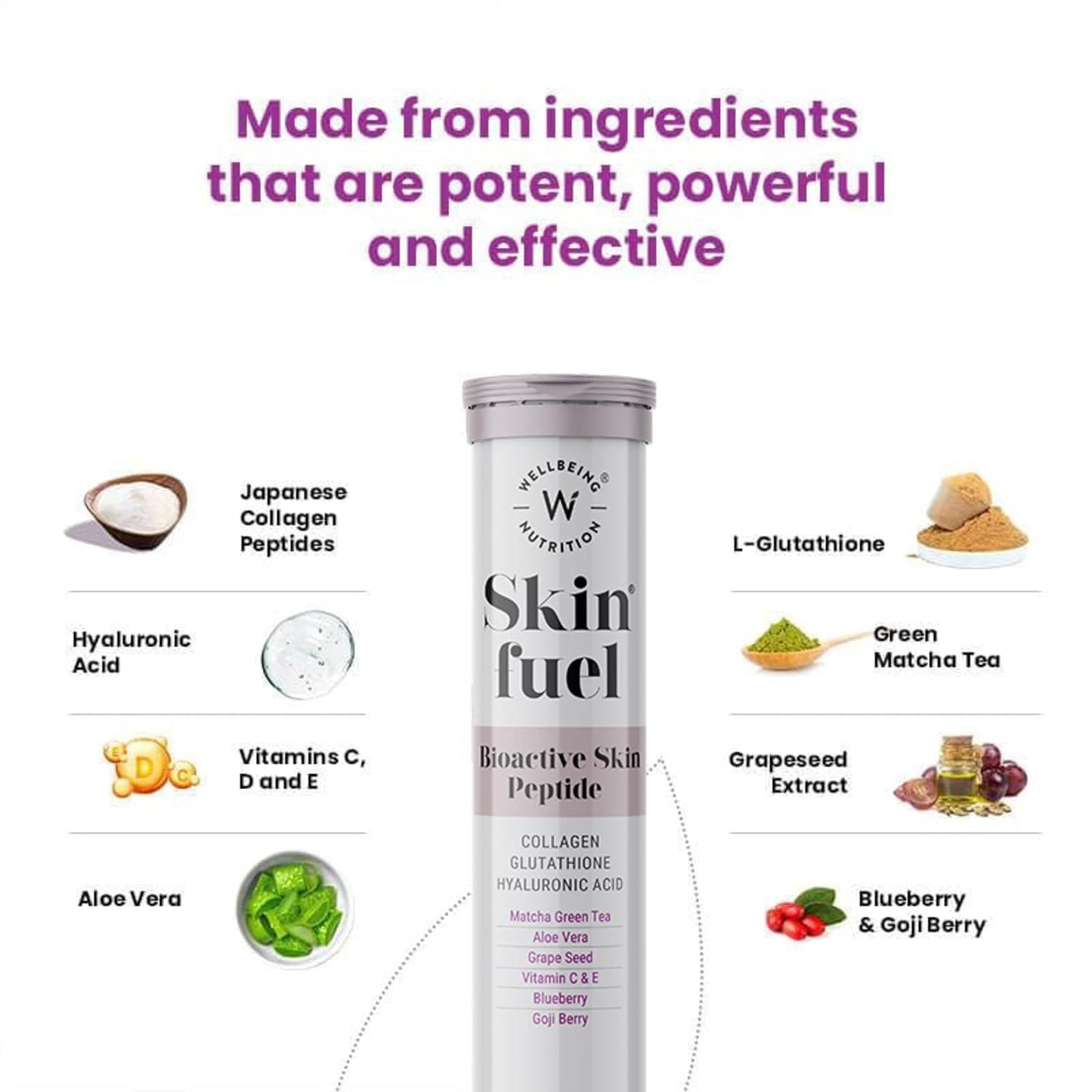 Wellbeing Nutrition Skin Fuel | Glutathione & Collagen Tablets | Skin Glow and Radiance for Men & Women | Hyaluronic Acid, Grape Seed, Vitamin E (15 Effervescent Tablets)