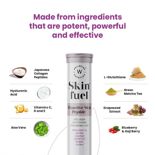 Wellbeing Nutrition Skin Fuel | Glutathione & Collagen Tablets | Skin Glow and Radiance for Men & Women | Hyaluronic Acid, Grape Seed, Vitamin E (15 Effervescent Tablets)