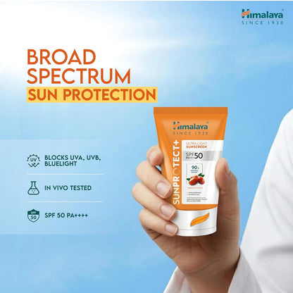 Himalaya Sun Protect+ Ultra Light Sunscreen | 90% Natural Origin Ingredients | In vivo tested SPF 50 PA++++ | Dermatologically tested for all skin types | No white cast | Sweat Resistant | 30g