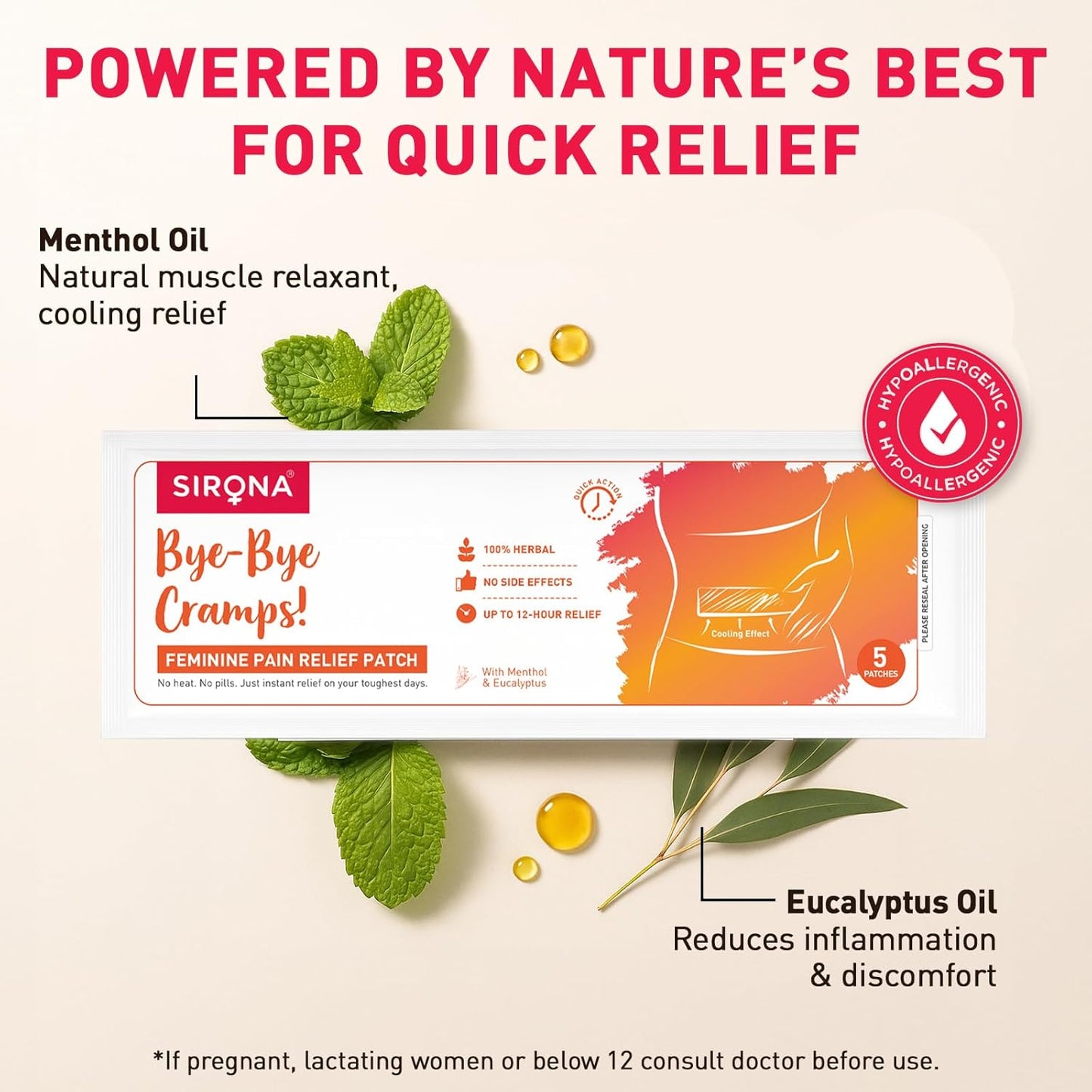 Sirona Herbal Period Pain Relief Patches - Pack of 5 | Instant Relief from Menstrual Cramps | Cool Patches with No Chemical Actives | No Side Effects