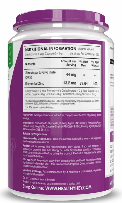 HealthyHey Nutrition Zinc Asparto Glycinate 30% - 120 Capsules