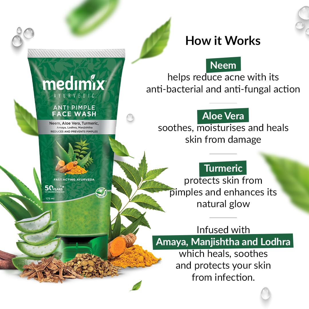 Medimix Ayurvedic Anti Pimple Face Wash 175ml | With Neem, Aloe Vera, and Turmeric | Helps reduce & prevent pimples | Natural | Herbal | Paraben-free | Soap-free | SLES-Free