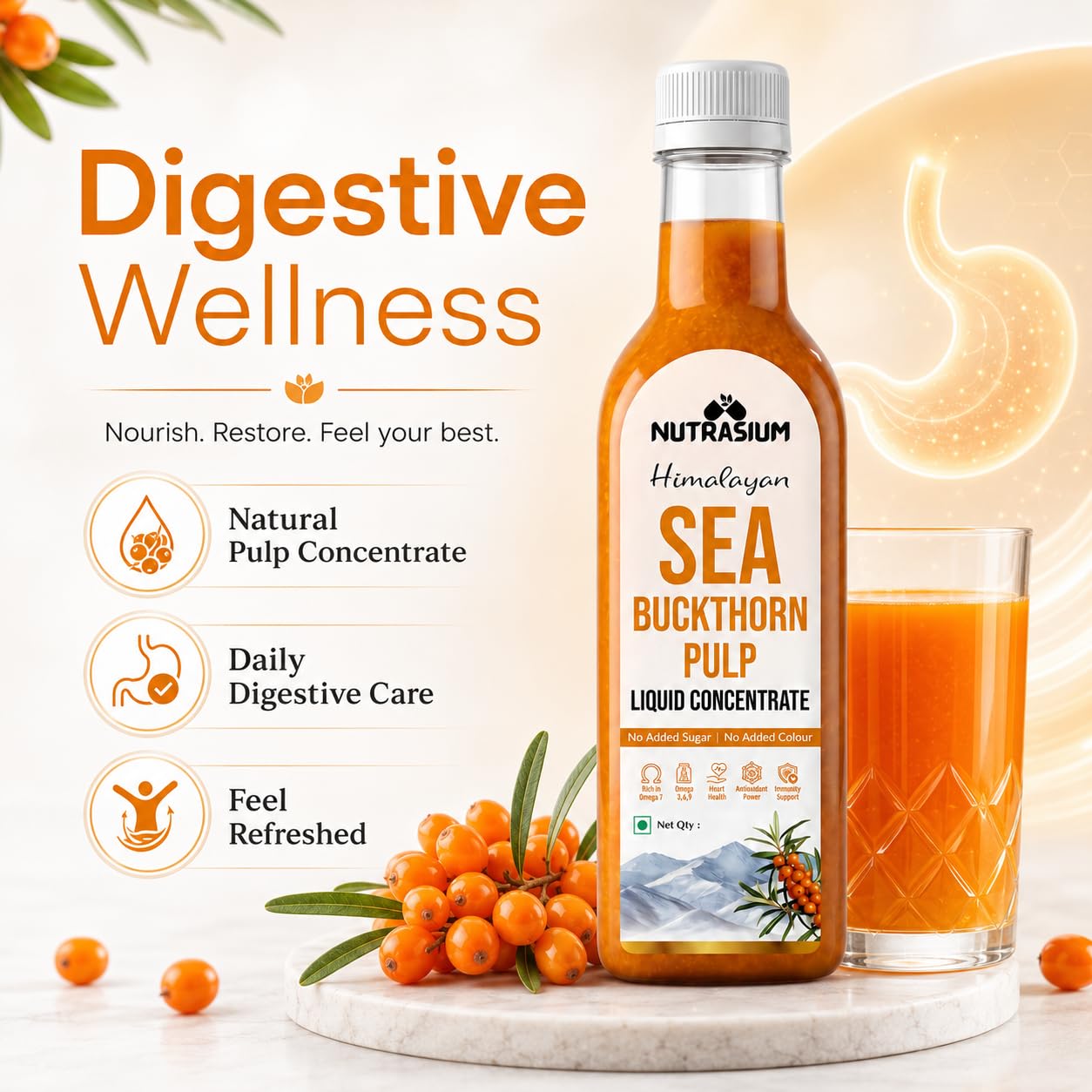 Nutrasium Himalayan Sea Buckthorn Berry Juice - 300 ml - Natural Source of Vitamin C, Omega 3 6 7 9, Antioxidants for Immunity, Skin Glow & Gut Health - 50 Glasses (300ml)