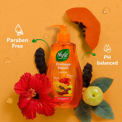 Nyle Naturals Damage Repair Anti Hairfall Shampoo, With Shikakai And Hibiscus,Gentle and soft shampoo, PH balanced and Paraben free, For Men and Women, 400ml
