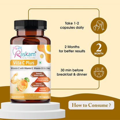 Vita C Plus - 100 Capsules - Antioxidant & Immune Support - Overall Health - Skin Anti-Ageing -Supports Healthy Skin & Joints
