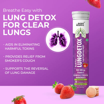 The Body Reserve Lung Detox 20 Effervescent Tablets With N-Acetylcysteine 600mg and Vitamin C | Cleaner Lungs Detoxification and Immune Defence Strawberry Flavour (Pack Of 1)
