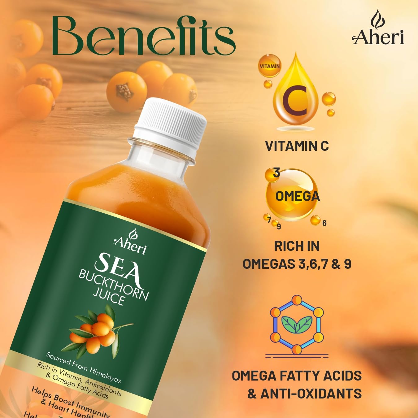 Himayya Sea Buckthorn Juice 500 ML | Herbal Buckthorn Berry Juice with Natural Vitamin C, Omega 3 6 7 9 Supplement & Antioxidants | Herbal Supports for Immunity, Skin Glow & Gut Health - (Pack of 1)