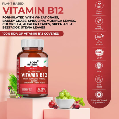 The Body Reserve Plant Based Vitamin B12 Supplement For Men & Women 60 Capsules Organic Vitamin B12 For Nerve And Brain Health Vegan Capsules, Daily One 60 Days Pack