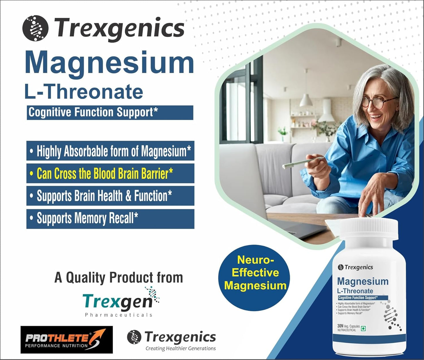 Trexgenics MAGNESIUM L-THREONATE Next Generation Bioavailable Magnesium, Cognitive Function & Brain Health Support (30 Veg. Capsules) (Pack of 1)