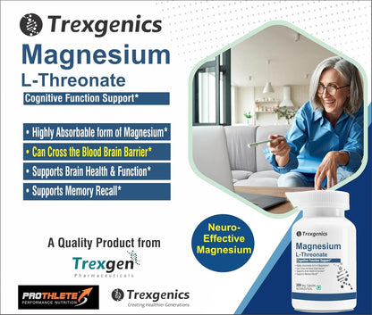 Trexgenics MAGNESIUM L-THREONATE Next Generation Bioavailable Magnesium, Cognitive Function & Brain Health Support (30 Veg. Capsules) (Pack of 1)