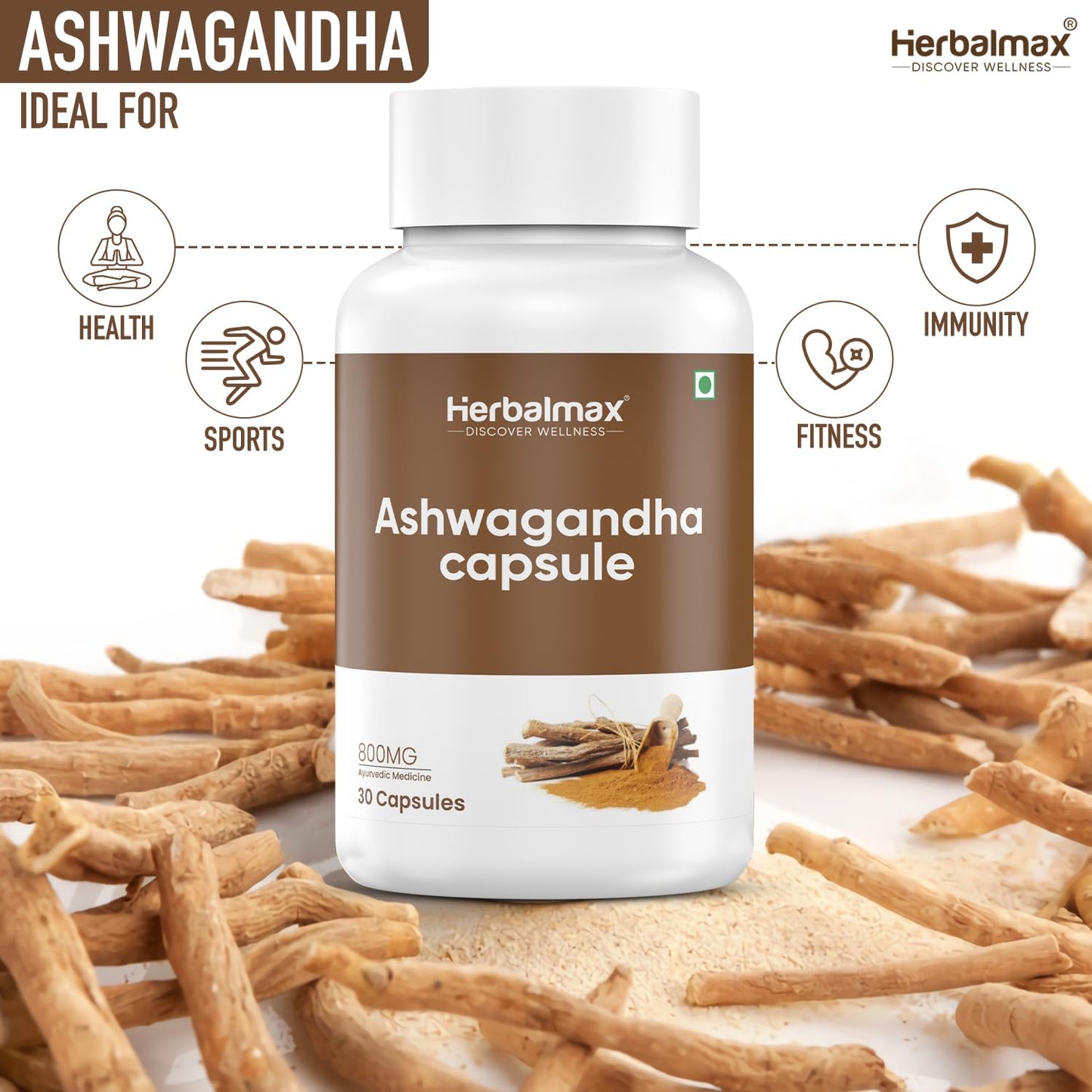Herbal Max Ashwagandha General Wellness Capsules â€“ 30 Veg Capsules 800mg | Ayurvedic Supplement for Stress Relief, Performance, Immunity & Energy