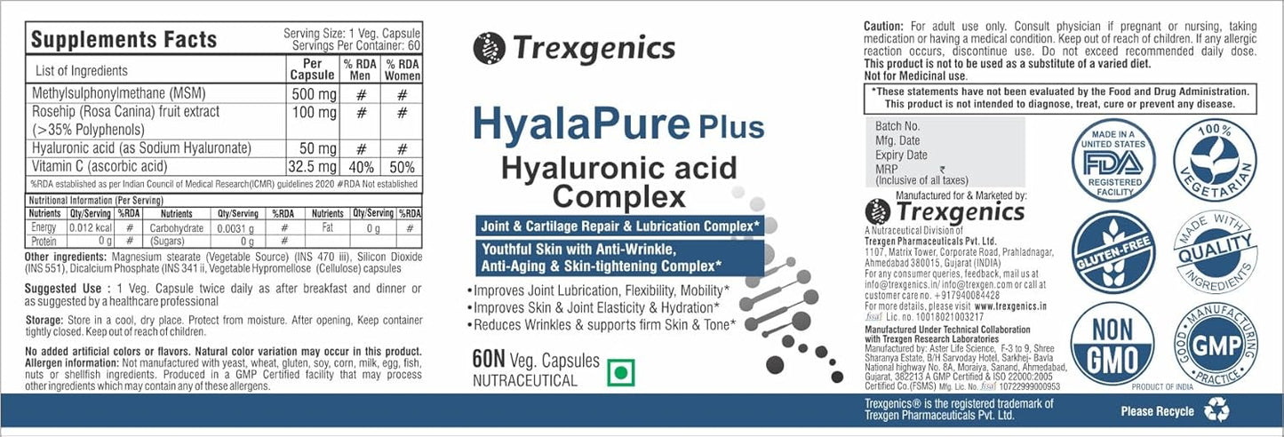 Trexgenics HYALAPURE PLUS Advanced Joint Lubrication & Skin Care Complex with HYALURONIC ACID 50mg, Methylsulfonylmethane (MSM) 500mg, European Rosehip extract 35% Polyphenols 100mg & Vitamin C (60 Veg. Capsules)