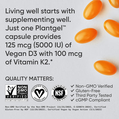 Sports ResearchÂ® Vitamin D3 + K2 w/ Coconut Oil - Vegan Vitamin D 5000iu & Mk7 Vitamin K 100mcg for Bone & Immune Support - Vegan Certified Â· Non-GMO Â· Soy Free - 60 Softgels