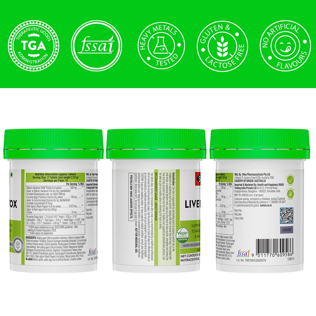 Swisse Liver Detox (Australia's No.1 Liver Health Product) with High Strength 500mg Milk Thistle, Turmeric & Choline for Protection Against Fatty Liver, Liver Health and Detox - 30 Tablets