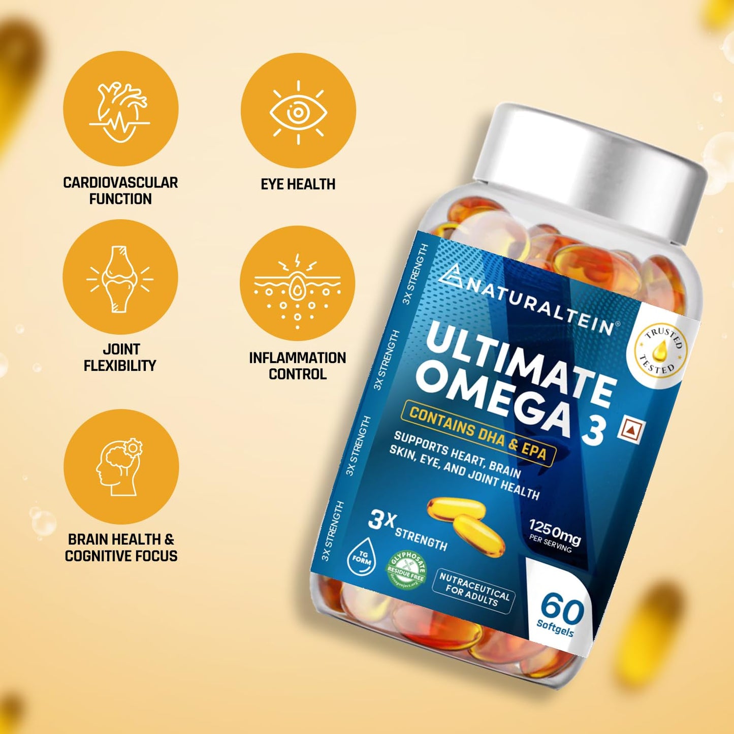 NATURALTEIN Omega-3 Fish Oil 1250mg Triple Strength Softgels | 450mg EPA & 300mg DHA in Triglyceride Form for Better Absorption | Heart, Brain, Eye & Joint Support | Glyphosate-Free | 60 Capsules