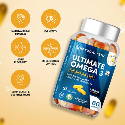 NATURALTEIN Omega-3 Fish Oil 1250mg Triple Strength Softgels | 450mg EPA & 300mg DHA in Triglyceride Form for Better Absorption | Heart, Brain, Eye & Joint Support | Glyphosate-Free | 60 Capsules