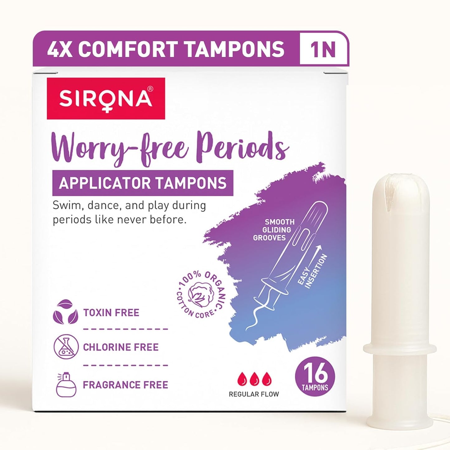 Sirona Regular Flow Tampons with Applicator - 16 Pieces | Made in Europe | Ultra Soft & Comfortable | Highly Absorbent | BPA Free | FDA Approved