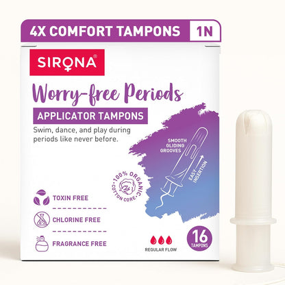 Sirona Regular Flow Tampons with Applicator - 16 Pieces | Made in Europe | Ultra Soft & Comfortable | Highly Absorbent | BPA Free | FDA Approved