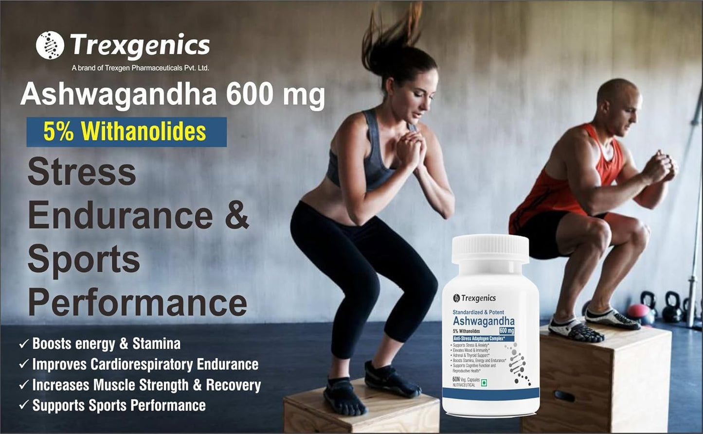 Trexgenics Ashwagandha 600 mg 5% Withanolides Stress, Thyroid, Energy, Sports Performance Support (60 Veg. Capsules) (Pack of 1)