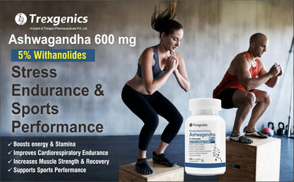 Trexgenics Ashwagandha 600 mg 5% Withanolides Stress, Thyroid, Energy, Sports Performance Support (60 Veg. Capsules) (Pack of 1)