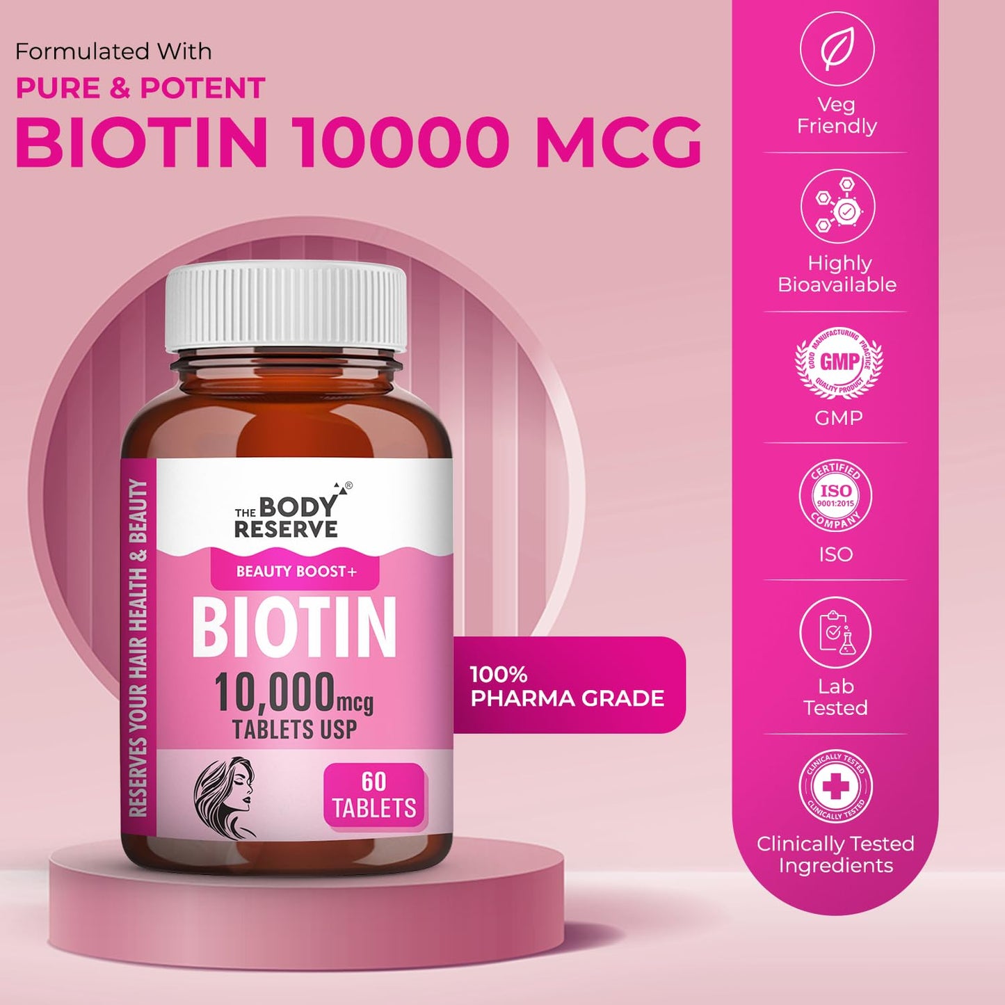 The Body Reserve Biotin 10000 mcg Tablet -60 Veg Tablets, Biotin Tablets For Hair, Skin & Nails, Hair Vitamins Biotin Supplement For Men & Women 2 Monthâ€™s Supply Pack