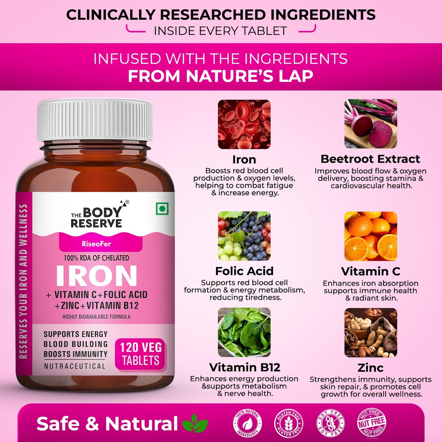 The Body Reserve Chelated Iron + Vitamin C Tablets-120 capsules with Vitamin B12,Zinc,Folic Acid,Beetroot Extract-High Absorption,Supports Blood Building,Energy & Immunity,100% RDA,1 count