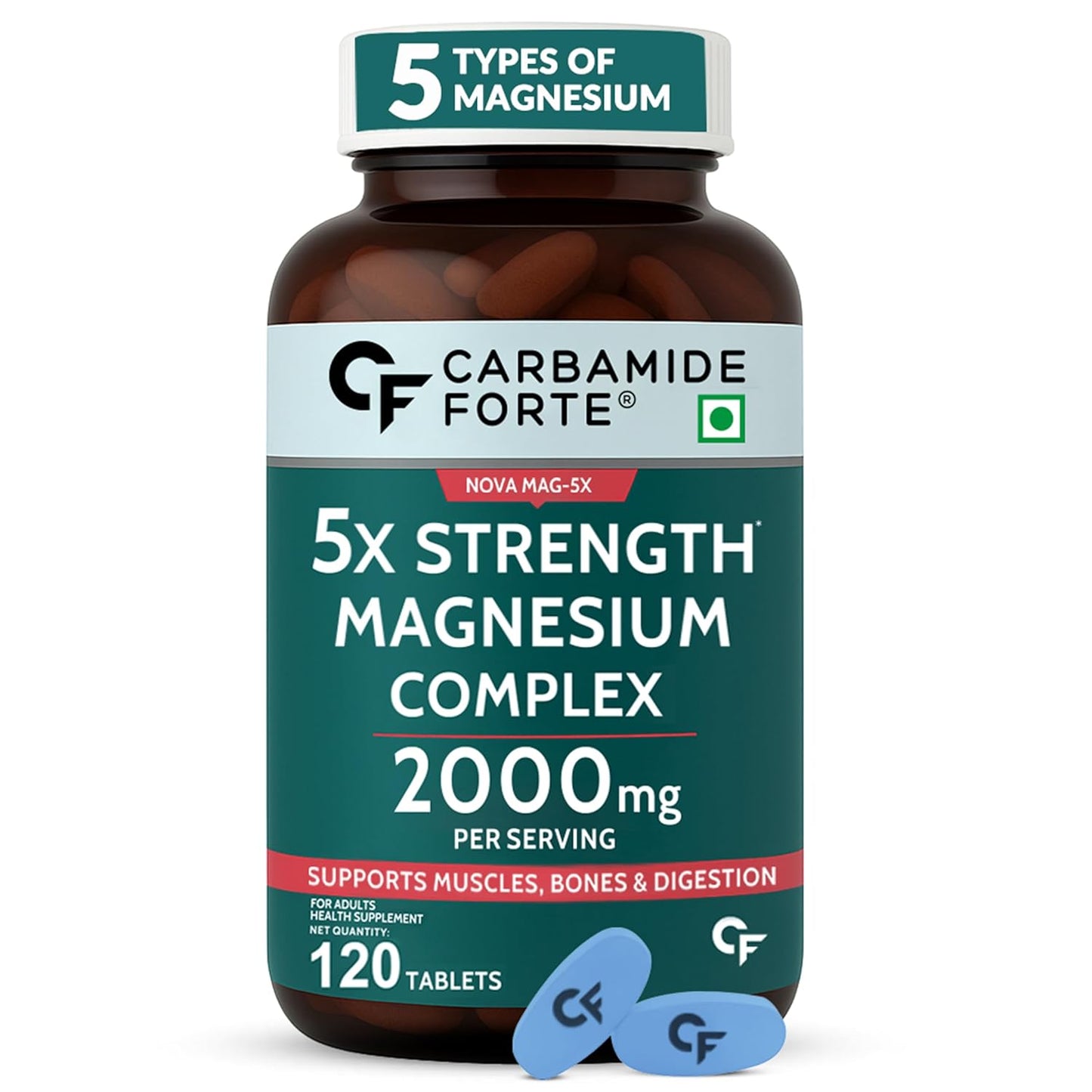 Carbamide Forte 5X Strength Magnesium Supplement with Magnesium Glycinate & Citrate, plus Triple Mineral Complex | 2000mg Per Serving | 120 Tablets