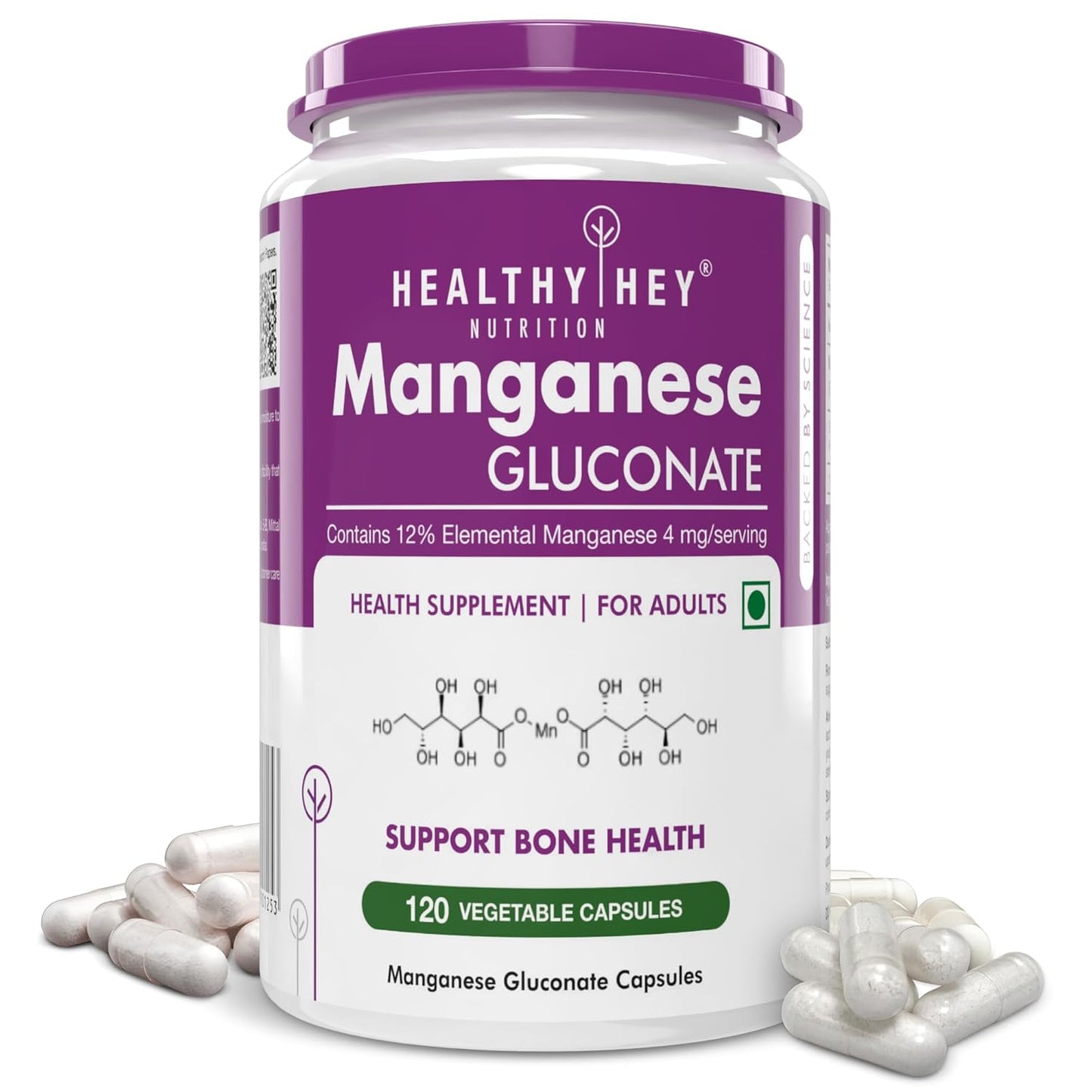 HealthyHey Nutrition Manganese Gluconate - Hypoallergenic Trace Mineral Supplement for Connective Tissue and Bones - 120 Capsules
