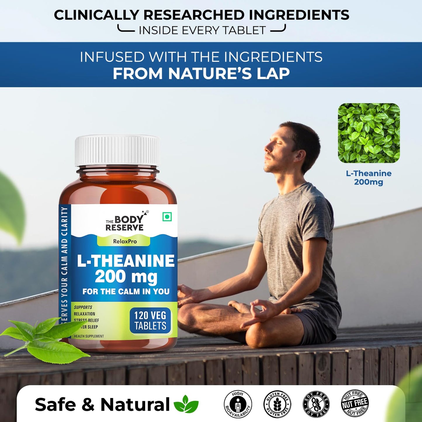 The Body Reserve L-Theanine 200mg 120 Veg Tablets L Theanine Supplements Supports Stress Relief, Reduce Anxiety, Brain Health & Promotes Relaxation