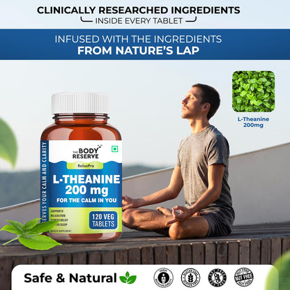The Body Reserve L-Theanine 200mg 120 Veg Tablets L Theanine Supplements Supports Stress Relief, Reduce Anxiety, Brain Health & Promotes Relaxation