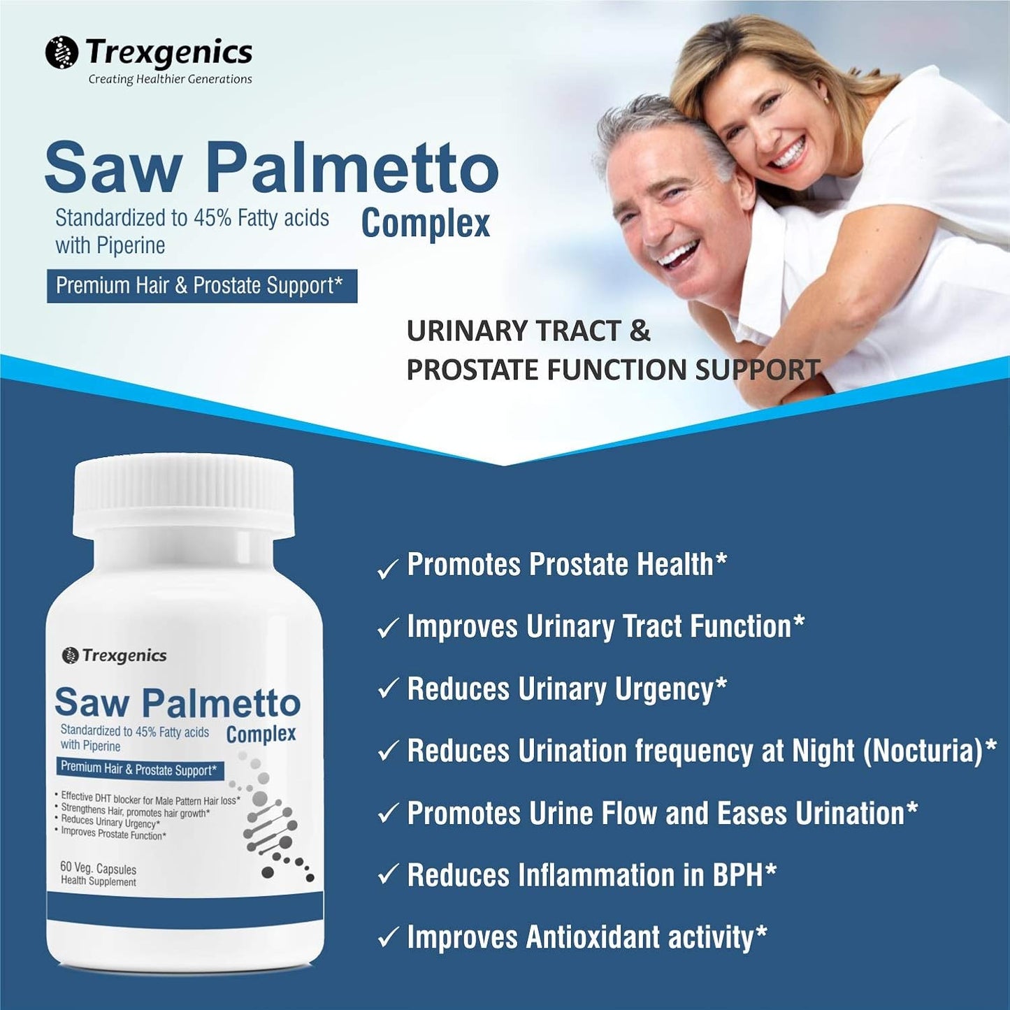 Trexgenics SAW PALMETTO Advanced - High Strength 45% Complex 550 mg with Bio-enhancer Piperine - Hair DHT Blocker & Prostate Support (60 Veg. Capsules) (1)