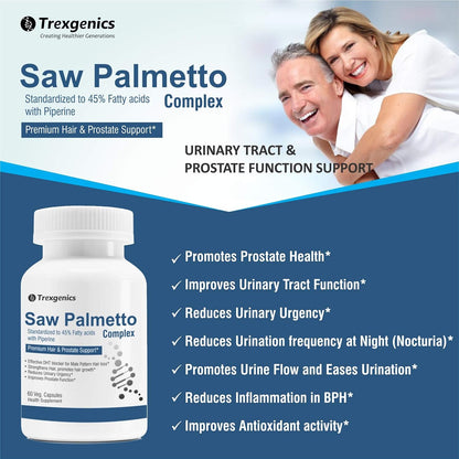 Trexgenics SAW PALMETTO Advanced - High Strength 45% Complex 550 mg with Bio-enhancer Piperine - Hair DHT Blocker & Prostate Support (60 Veg. Capsules) (1)