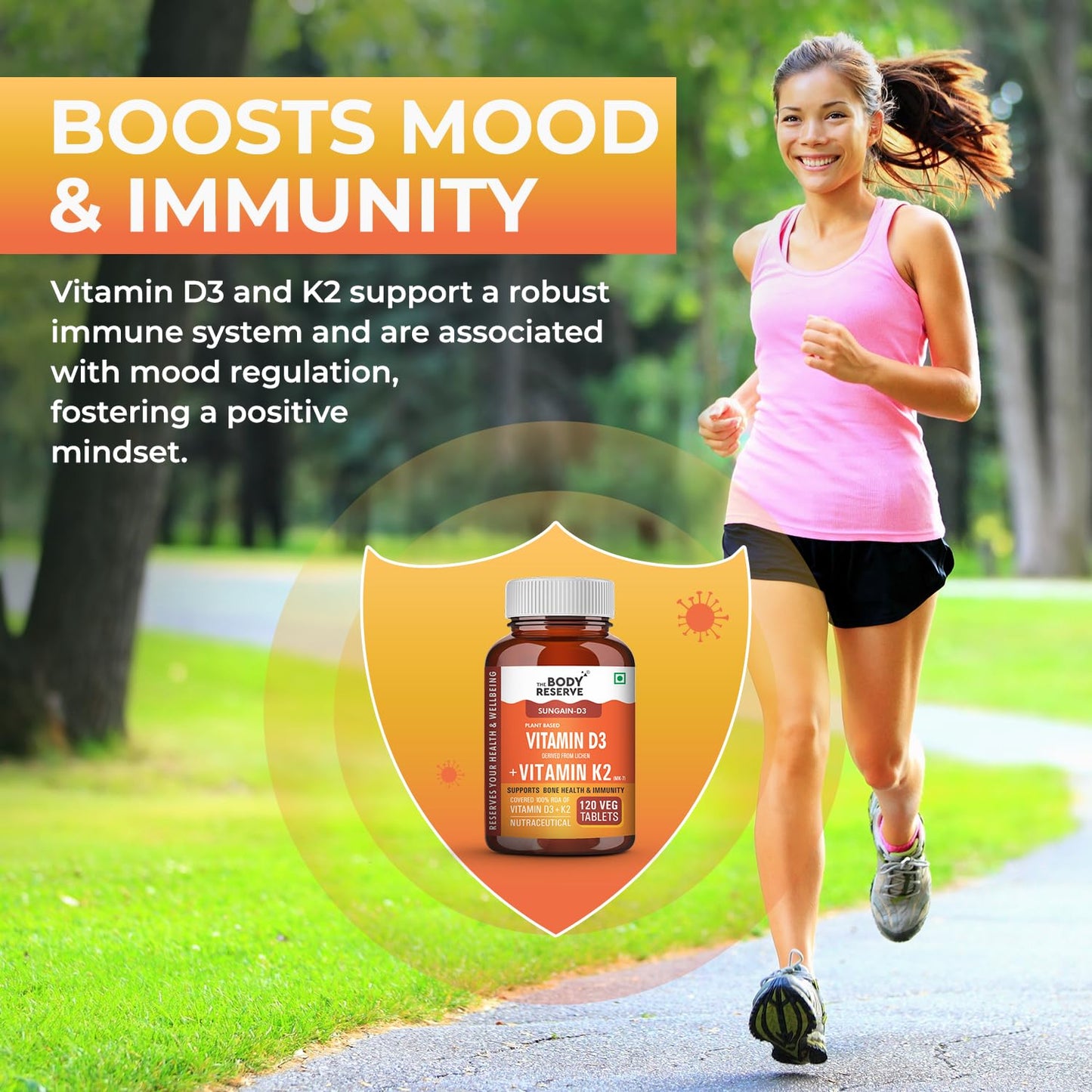 The Body Reserve Vitamin D3 K2 MK7-120 Veg Tablets, 100% RDA Plant-Based Vitamin D3 Supplement from Lichen Source with Vitamin K2 as MK7 Menaquinone