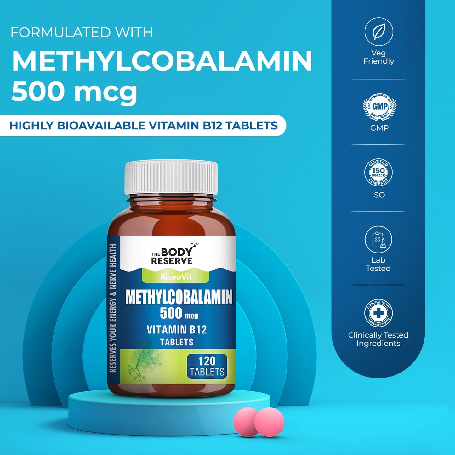 THE BODY RESERVE Vitamin B12 Supplements Methylcobalamin 500 Mcg Tablets | Active For Men & Women 120 Veg (4-Month Supply)