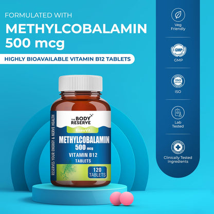 THE BODY RESERVE Vitamin B12 Supplements Methylcobalamin 500 Mcg Tablets | Active For Men & Women 120 Veg (4-Month Supply)