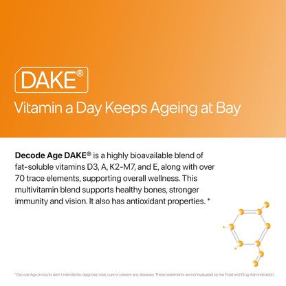 Decode Age DAKE 600 IU | Vitamin D3 K2 Supplement with Vitamins E & A in MCT Oil for Bone, Immune, Heart and Vision Support | Vegan Capsules | 1 Month Supply