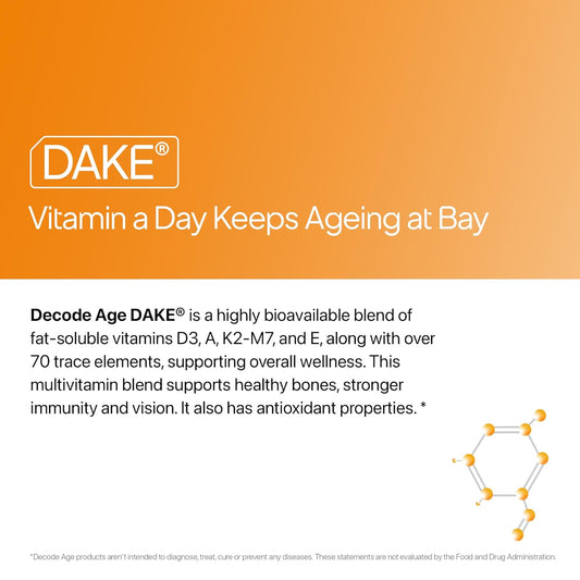 Decode Age DAKE 600 IU | Vitamin D3 K2 Supplement with Vitamins E & A in MCT Oil for Bone, Immune, Heart and Vision Support | Vegan Capsules | 1 Month Supply
