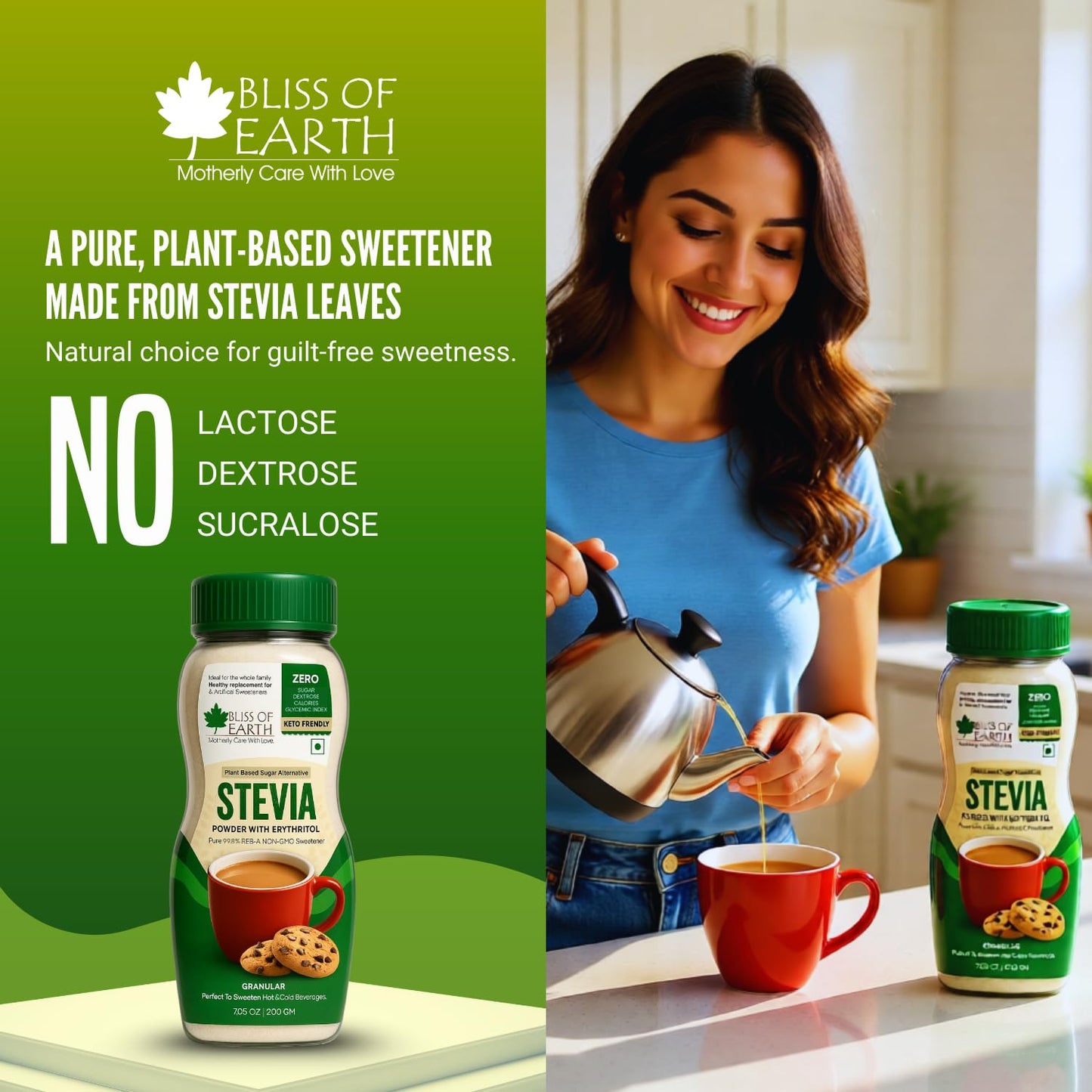 Bliss of Earth Stevia Powder, Organic Sugar Free Zero Calorie Sweetener Diabetic and Keto Friendly 99.8% Purity Vegetarian Gluten Free Quick Dissolve (200 gm (Pack of 1))