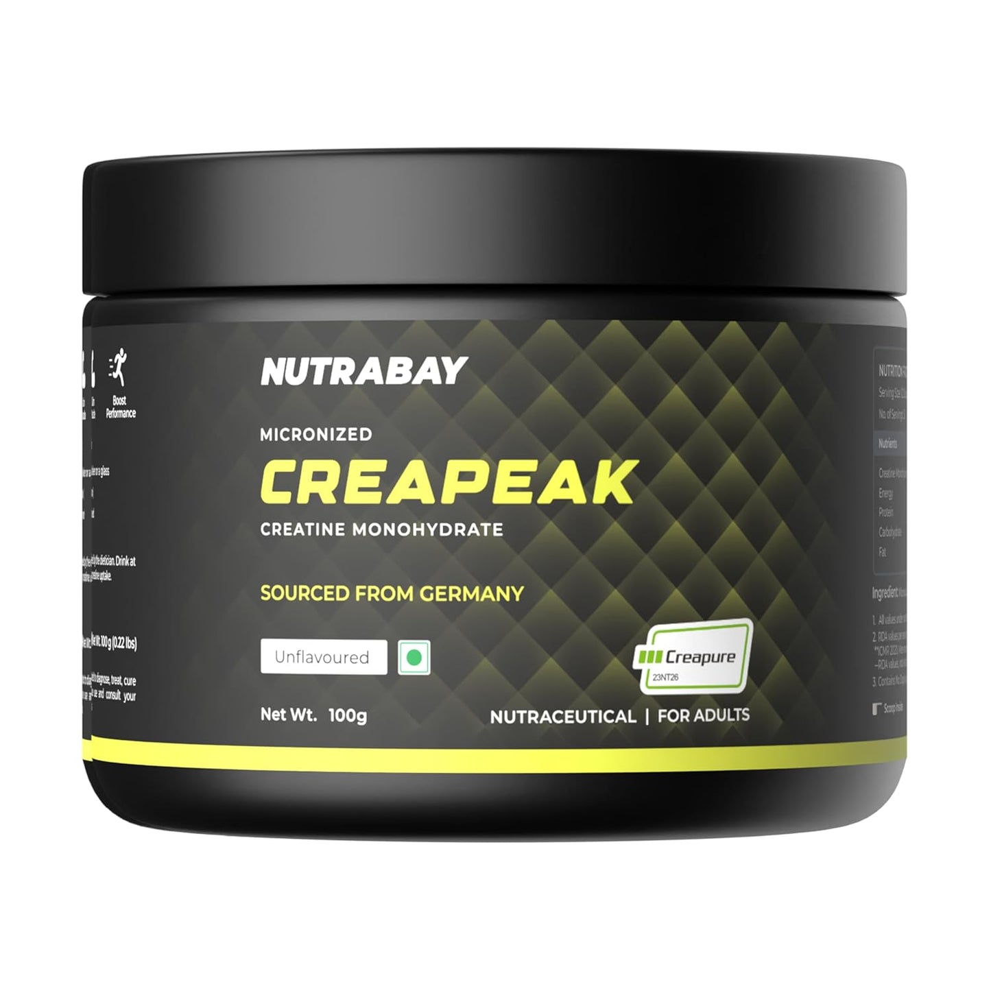 Nutrabay CreaPeak Creatine Monohydrate - 100g, Unflavoured | Powered by Creapure from AlzChem, Germany | 99.9% Pure Micronized Form for Faster Absorption