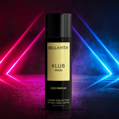 Bella Vita KLUB Men Body Perfume 150ml | No Gas Deo for Men | Deodorants Man | Long Lasting Spicy and Musky Fragrance with Refreshing Lemon, Rose Petals & Warm Vanilla Notes