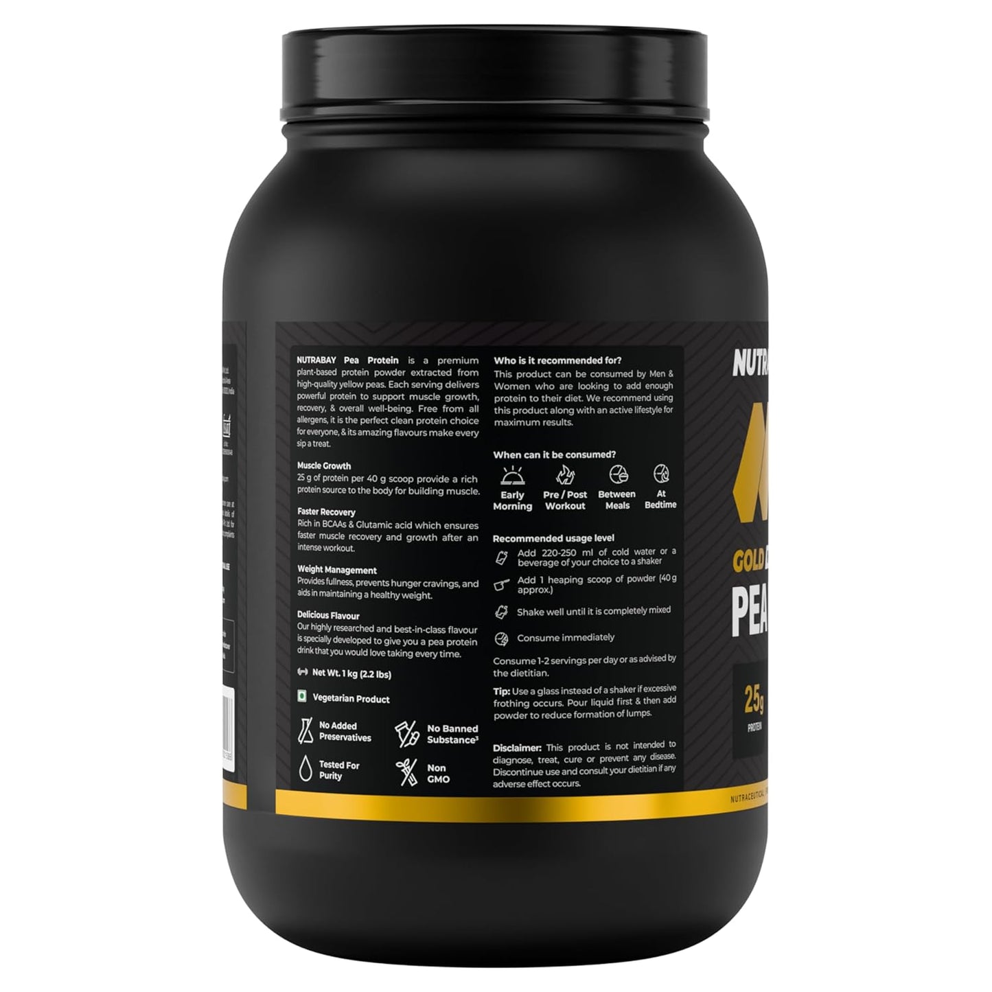 NUTRABAY Gold 100% Pea Protein Powder - 1kg, French Vanilla | 25g Protein, 4.6g BCAA, 5g Fiber | Complete Amino Profile | Tastiest & Smoothest Vegan, Plant Protein | Muscle Gain & Fast Recovery