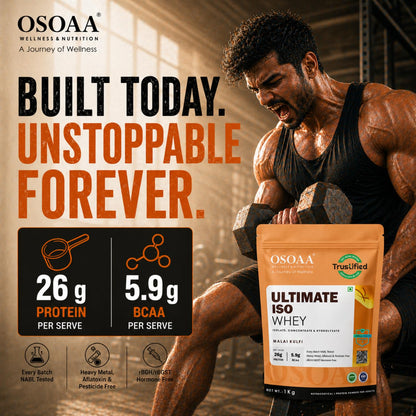OSOAA Ultimate ISO Whey Protein Isolate Protein - 1kg, Kesar Kulfi | 26g Protein Powder for Muscle Support & Recovery | 100% Authentic Protein Supplement Powder - Batch wise Lab Report